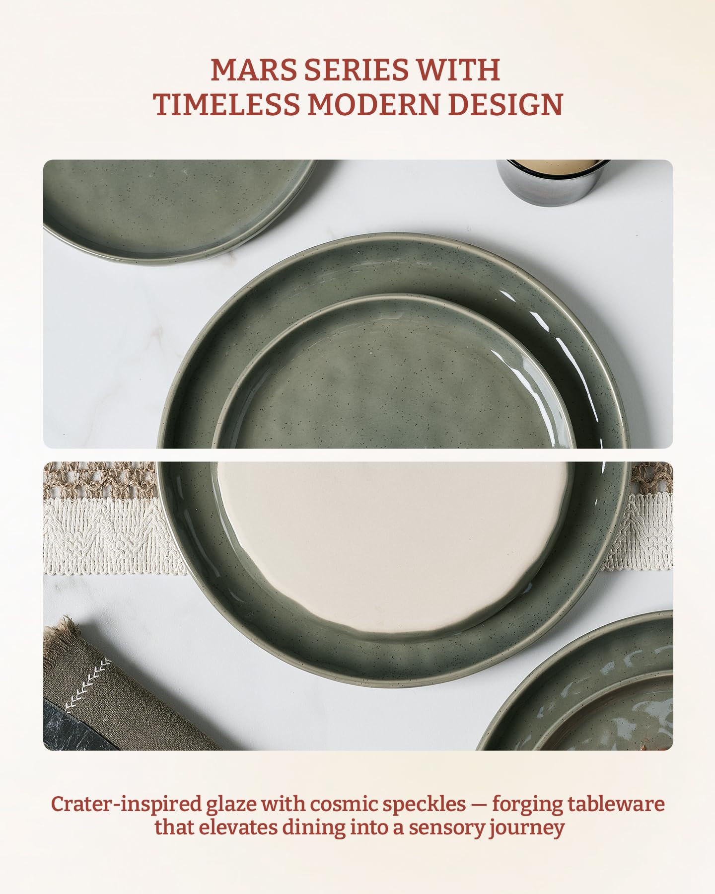 Famiware Mars Plates and Bowls Set, 12 Pieces Dinnerware Sets, Dishes Set for 4, Sage Green