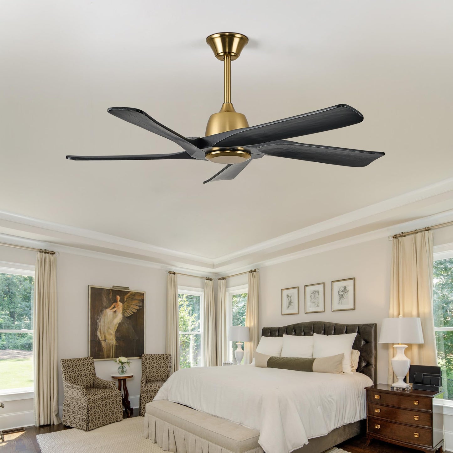LVYEAYOU 52 Inch Solid Wood Ceiling Fan No Lights, Remote and APP Control, DC Motor, 6-speed Reversible, for Bedroom, Living Room, Office, Black Gold