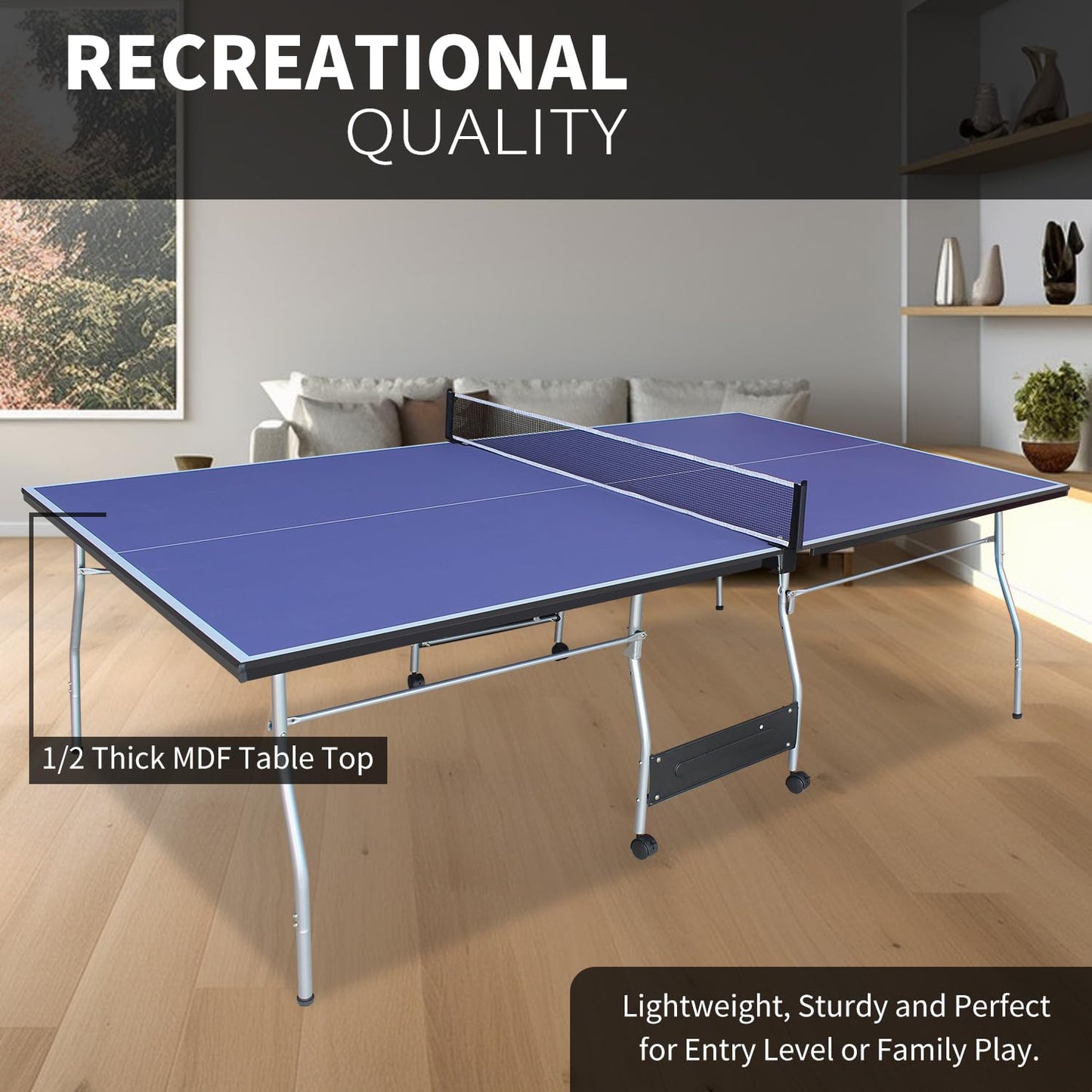 Compact Ping Pong Table, 8ft Mid-Size Indoor/Outdoor Table Tennis Game Set, Foldable, Portable Table Tennis Table with Net, 2 Table Tennis Paddles and 3 Balls, Blue