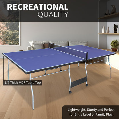 Compact Ping Pong Table, 8ft Mid-Size Indoor/Outdoor Table Tennis Game Set, Foldable, Portable Table Tennis Table with Net, 2 Table Tennis Paddles and 3 Balls, Blue