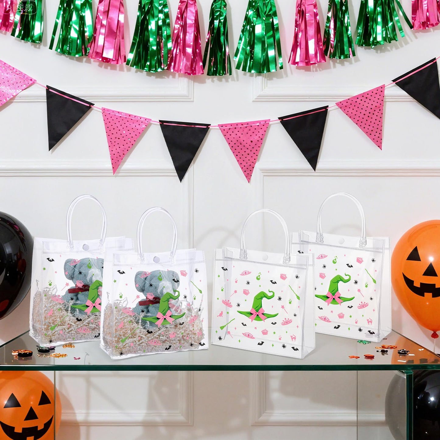 Liobelon Witch Party Gift Bags 24-Pack - Witch Party Favors Plastic Goodie Bags with Handles, PVC Pink and Green Party Treat Bag for Women, Magic Easter Eggs, Magic Festival, Birthday Decorations