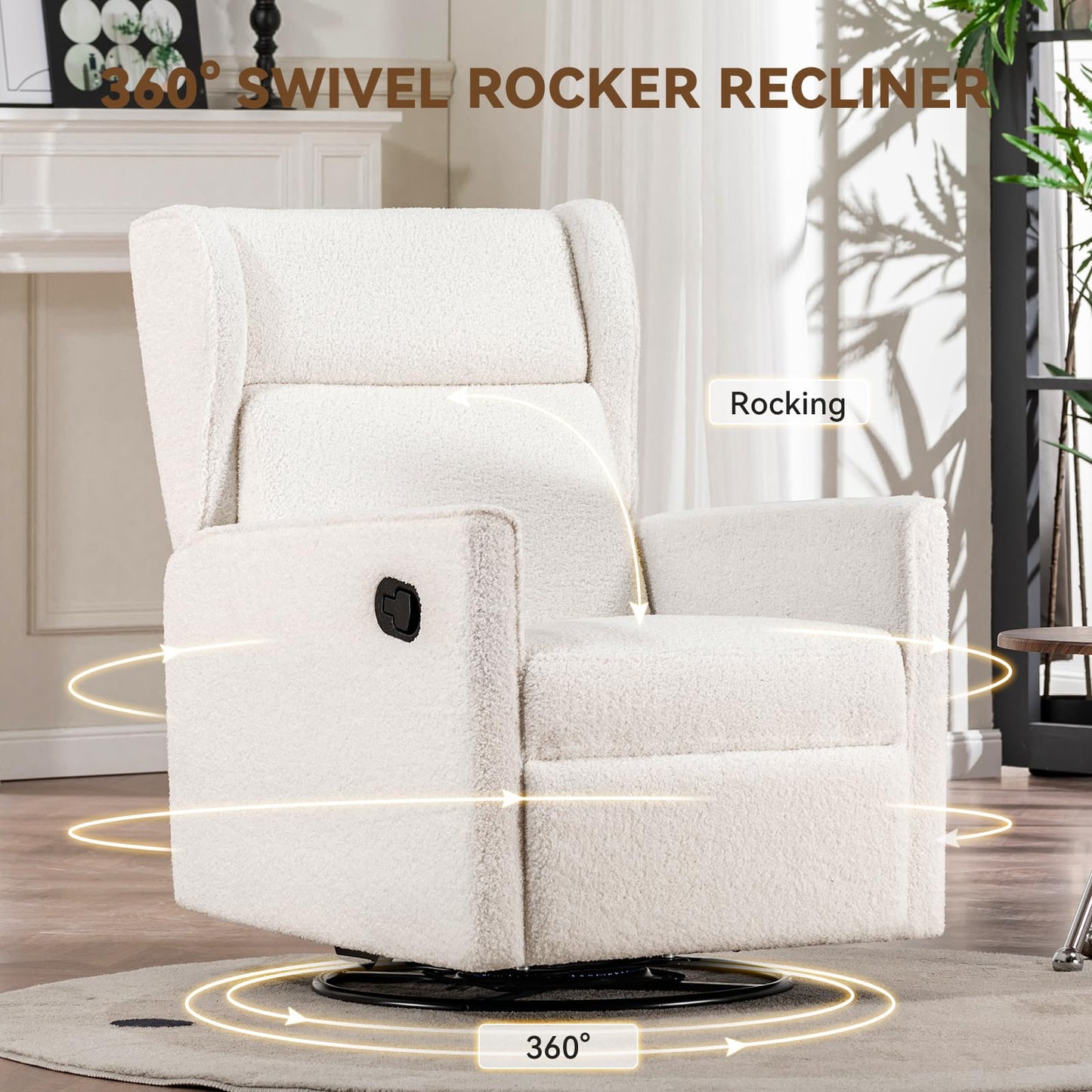 COMHOMA Nursery Rocking Chair Teddy Upholstered Swivel Rocker Recliner Manual Glider Reclining Chair for Living Room Bedroom Offices (Beige,1 PCS)