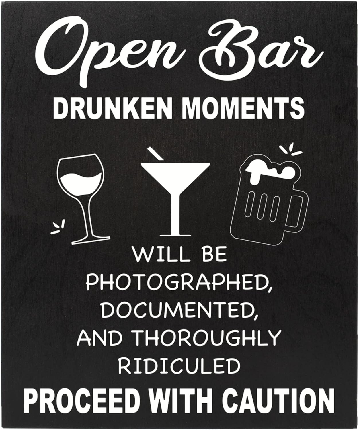 JennyGems Open Bar Hanging Wood Sign | Funny Wedding Reception Decor, Drunken Moments Will Be Photographed