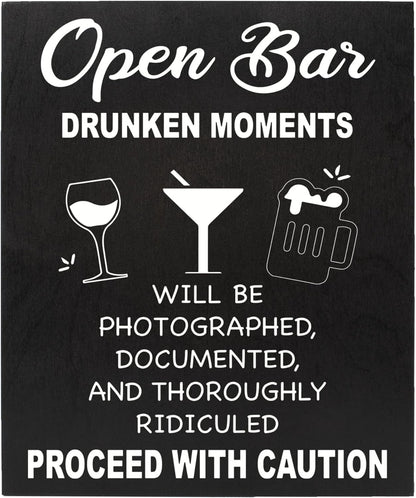 JennyGems Open Bar Hanging Wood Sign | Funny Wedding Reception Decor, Drunken Moments Will Be Photographed
