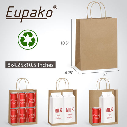Eupako 8x4.25x10.5 Paper Bags - 100 PCS Brown Kraft Gift Bags with Handles Bulk for Shopping, Party Favor, Merchandise