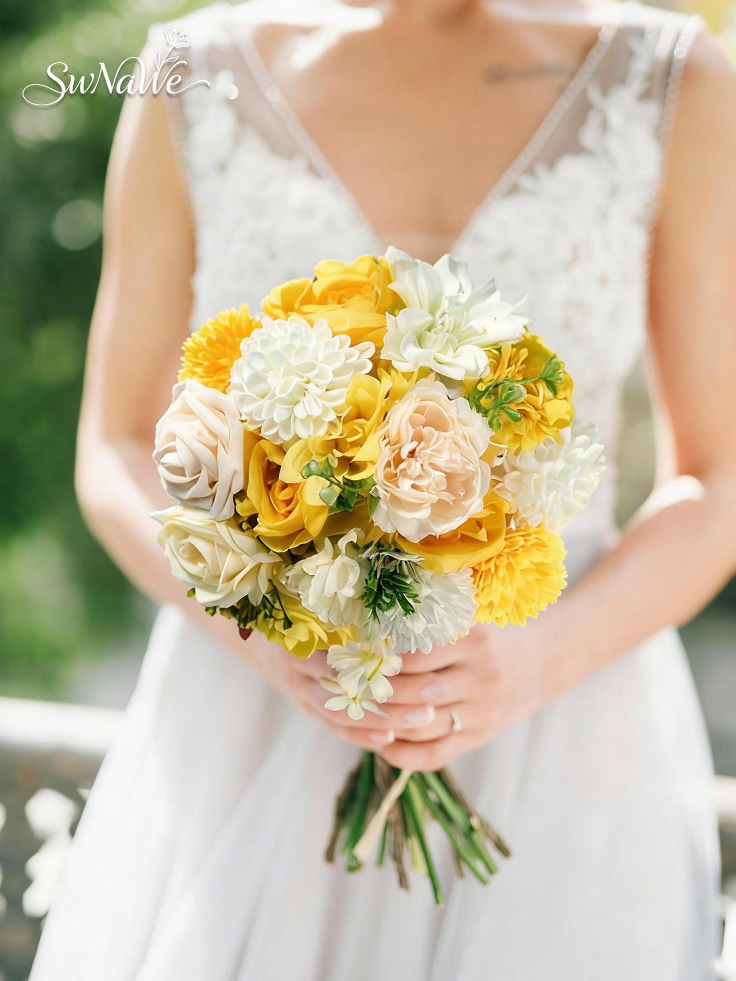 SWNAWE Yellow Flowers Artificial Roses Combo Set Fake Pink Silk Flowers Faux Peony Flowers Mix Dahlia with Stems for Wedding Bouquets Baby Bridal Shower Party Floral Arrangements Decor