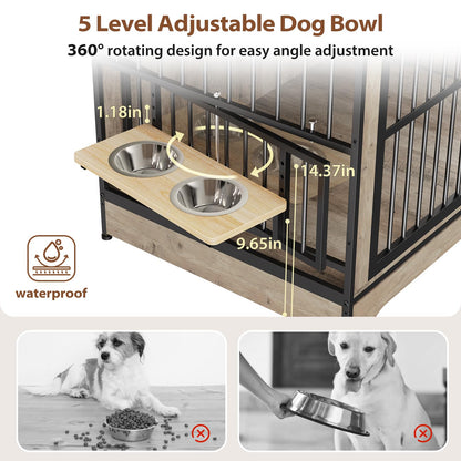 Rovibek 78 Double Dog Crate Furniture for 2 Large Dogs Indoor, Wooden Furniture Dog Crates with Dog Bowl, Dog Kennel Furniture TV Stand Large Breed Grey