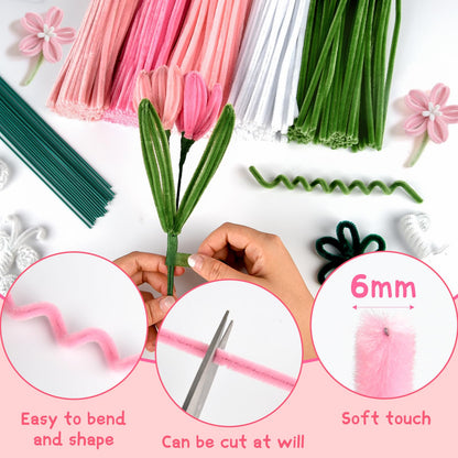 ASTARON 521 Pcs Pipe Cleaners Craft Set, 5 Colors Pipe Cleaners Bulk Pastel Chenille Stems for Craft Pipe Cleaner Flowers Making Kit with Floral Wires, Gardening Tape (Pink Series)