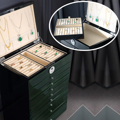 SYENS Wooden Jewelry Box Fingerprint Lockable 9-Layers Extra Large Capacity Jewelry Cabinet for Necklace/Rings/Pendants/Bracelets/Watches/Sunglasses Storage&Organizer Women Gifts (Greenwood)