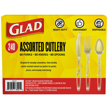 Glad Clear Disposable Cutlery Set with Heavy Duty Plastic Forks, Knives, and Spoons, Reusable Dishwasher Safe Plastic Utensils for Parties and Everyday Use, 240 Count