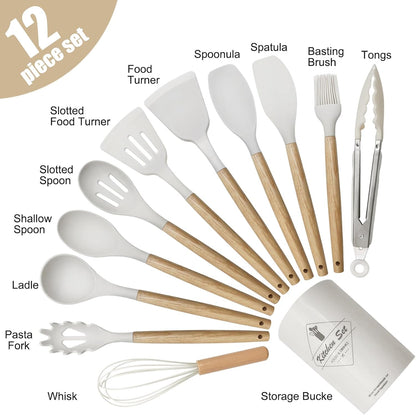 Kitchen Utensils Set of 12, Silicone Cooking Utensils with Wooden Handle and Organizer Bucket, Heat Resistant (Cream