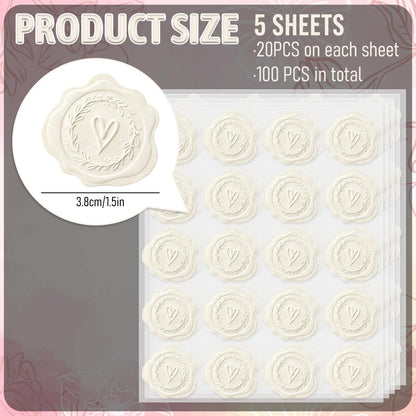 FYSUIMU 100 Pcs Wedding Stickers Embossed Envelope Seals Cream White Heart Self-Adhesive Label Decals for Invitation Greeting Card Party Favor Decor