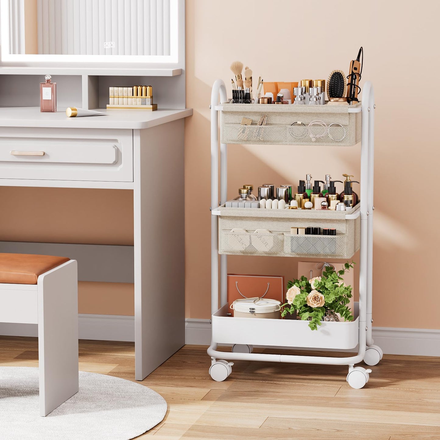 Modanais Baby Diaper Caddy Organizer Cart - 3 Tier Rolling Storage Cart with Wheels, Baby Essentials Nursery Storage, Detachable Dividers - for Crib, Bedroom, Art & Craft Organizer (Off White)