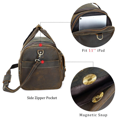 Polare 23" Expandable to 29'' Duffel Retro Thick Full Grain Cowhide Leather Gym Weekender Overnight Luggage Bag For Men
