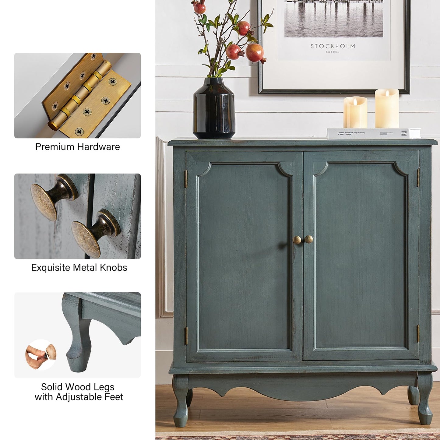 HULALA HOME Antique Accent Cabinet with 2 Doors, Buffet Cabinet with Storage, 2 Shelves Sideboard for Kitchen, Living Room, Blue