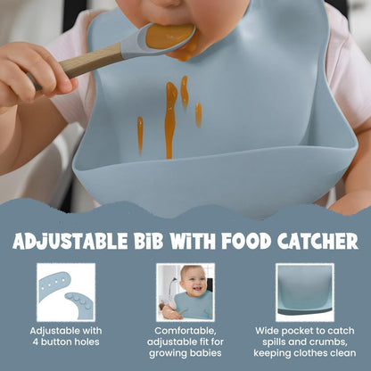 Baby Feeding Essentials, Baby Led Weaning Supplies, Silicone Baby Feeding Set, with Baby Spoon, Fork, Baby Bib, Sippy Cup, Suction Plate, Suction Bowl, Baby Eating Essentials, 6+ Months (Dusty Blue)