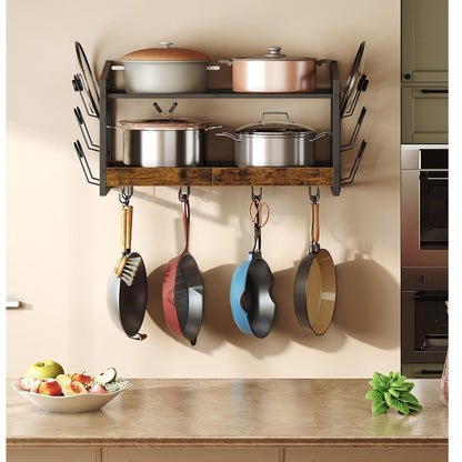 CHOEZON Hanging Pot Rack, Pot Rack Wall Mounted, 2-Tier Kitchen Pot and Lid Organizer, Wall-Mounted Pot Rack with 12 Hooks, for Kitchen Storage of Pots, Pans, Utensils, Rustic Brown TPR02BF