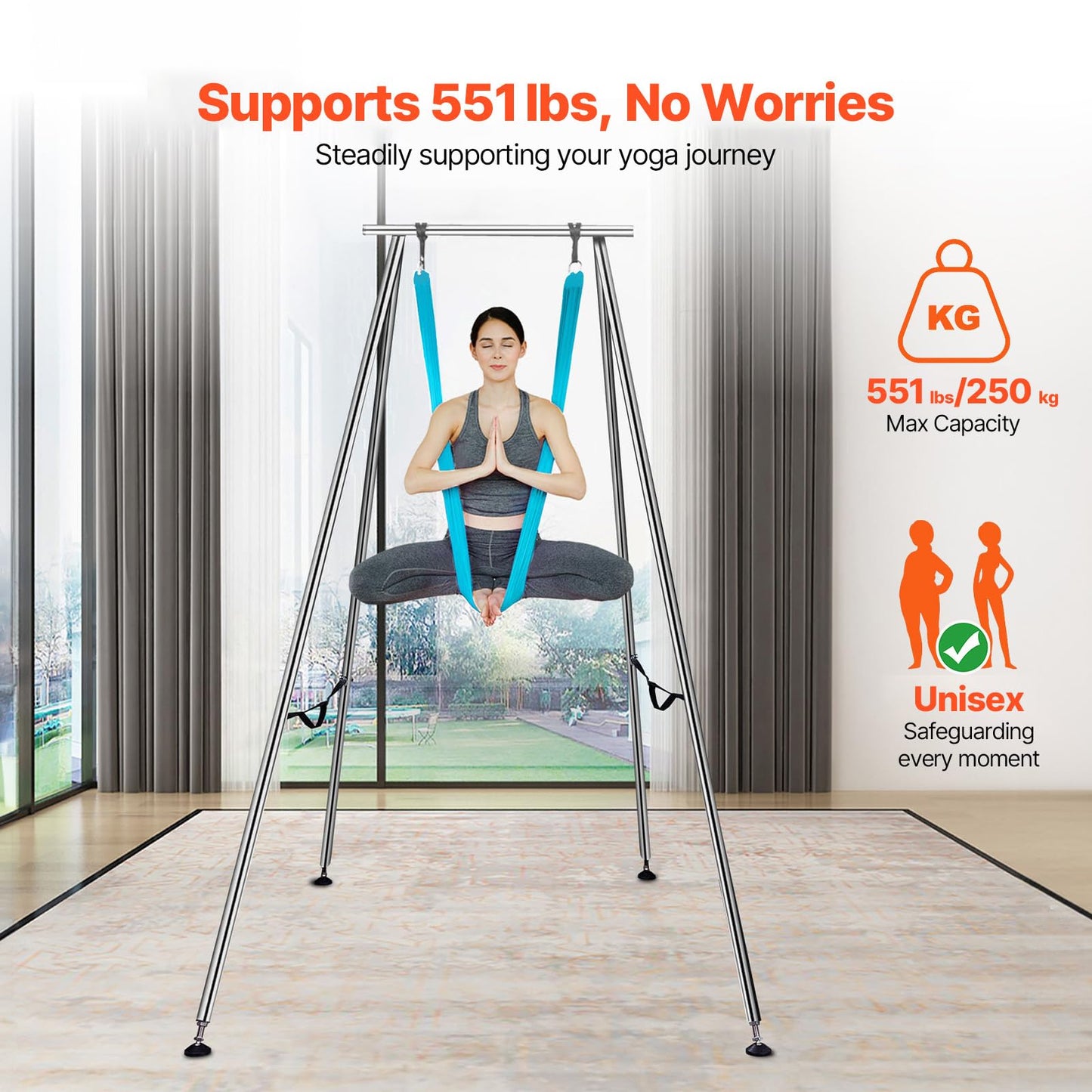VEVOR Aerial Yoga Frame & Hammock, 551.15 lbs Load Capacity, 9.68 ft Height Professional Training Swing Stand Comes with 13.1 Yards Aerial Hammock, Yoga Rig for Indoor Outdoor, Blue
