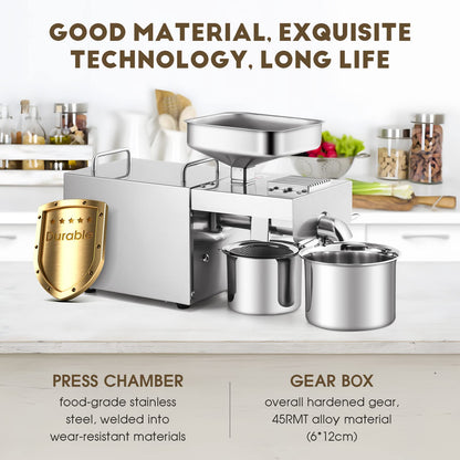 CGOLDENWALL 1500W Commercial Automatic Oil Press Machine Industrial Oil pressing machine Nuts Seeds Oil Presser Pressing Machine Cold Hot Press All Stainless Steel High Oil Extractor CE (Silver, 110V)