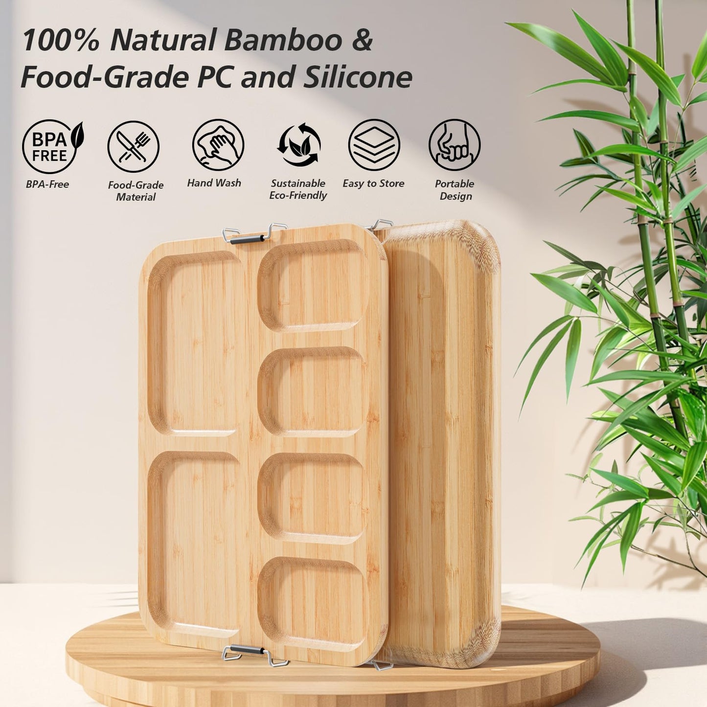 Charcuterie Boards with Foldable Lid, Portable Bamboo Cheese Board with 6 Compartments, Clear Locking Lid and Handle, Easy to Store, Suitable for Picnics, Camping, Parties & Housewarming Gifts