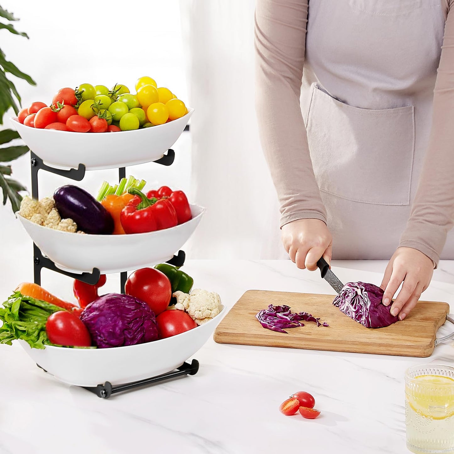 Lifewit Plastic Fruit Bowl for Kitchen Counter, 3 Tier Fruit Basket with Black Metal Stand, Tiered Fruit Holder for Countertop Serving Tray for Vegetable/Dessert in Party 28 x 21 x 35cm/11 x 8.4 x 14