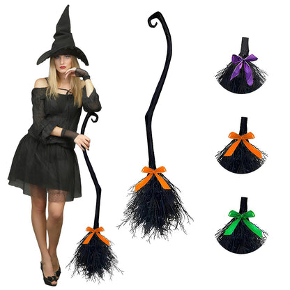 Lachouhaox Halloween Witch Broom with 3 Ribbons, Large Plastic Black Home Decoration Accessory Cosplay Photo Prop for Party