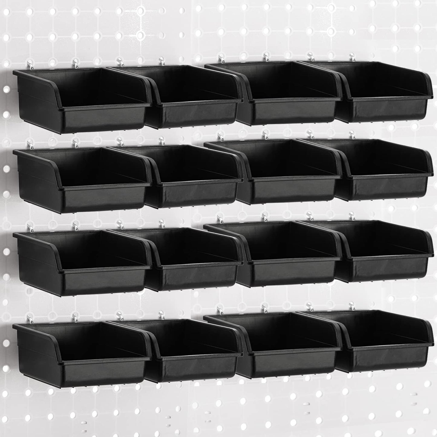 Foraineam 16 Pack Pegboard Bins with Metal Hooks, Black Garage Workbench Bins Cups Peg Board Accessories Kit, Pegboard Tools Organizer for Hardware, Workshop, Craft Room, Tool Shed, Hobby Supplies