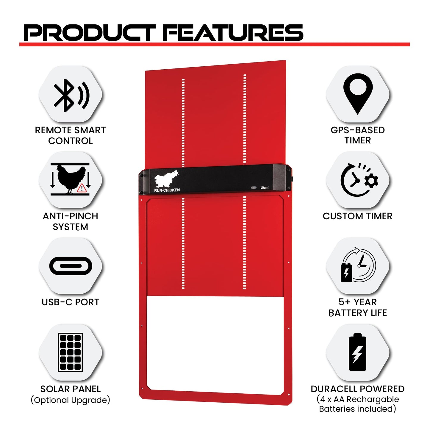 RUN-CHICKEN Door Giant – Large Automatic Poultry Coop Door for Ducks & Turkeys, Not for Chickens, Battery Powered/Solar Compatible, Heavy-Duty Aluminum, Predator Proof, Easy Install (Red)