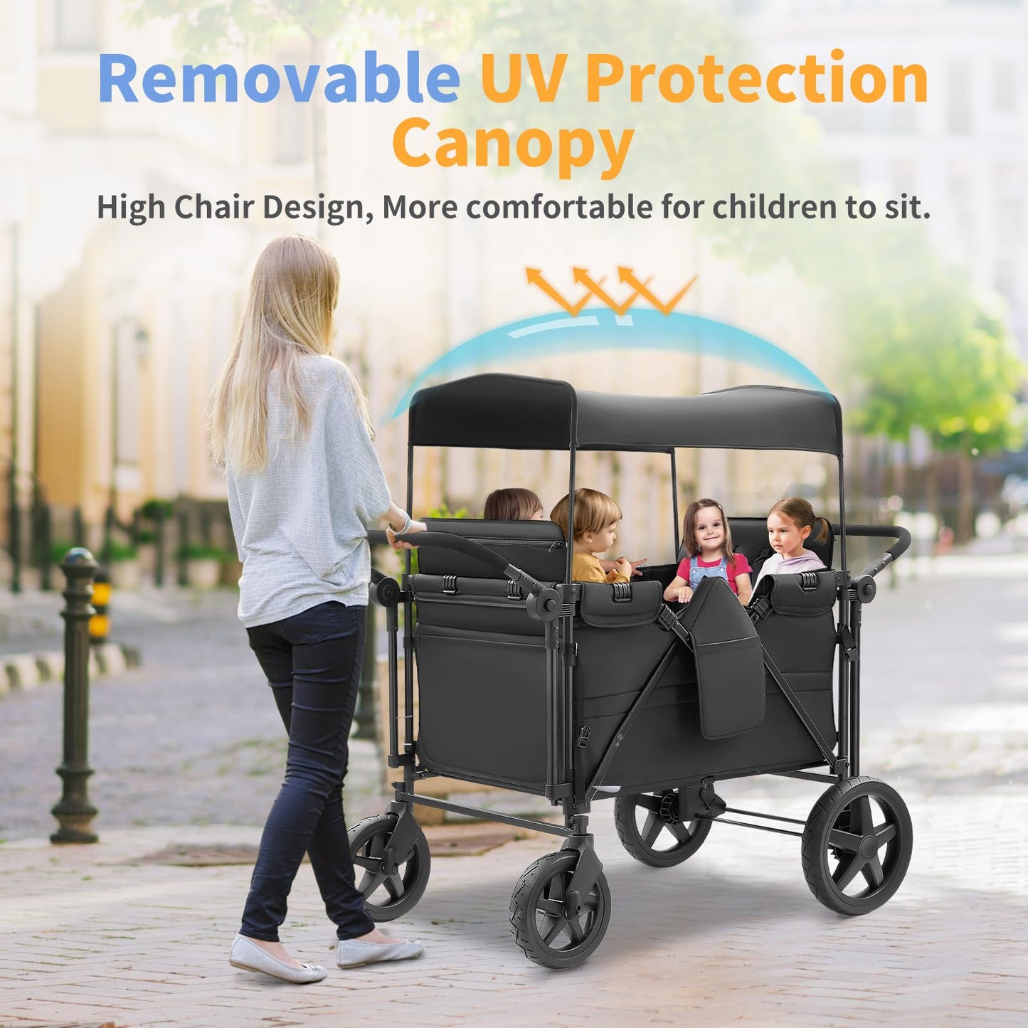Stroller Wagon for 4 Kids, 4 Seater Wagon Stroller Featuring 4 High Seat with 5-Point Harnesses and Adjustable Canopy, Foldable Double Push Bar Wagon Stroller 4 Seater for Garden, Camping (Black)