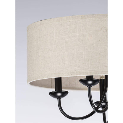 Progress Lighting Drum Shade Collection Five-Light Chandelier, Farmhouse Style Hanging Ceiling Light Fixture for Dining Rooms, Foyers, Harvest Linen Shade, Matte Black
