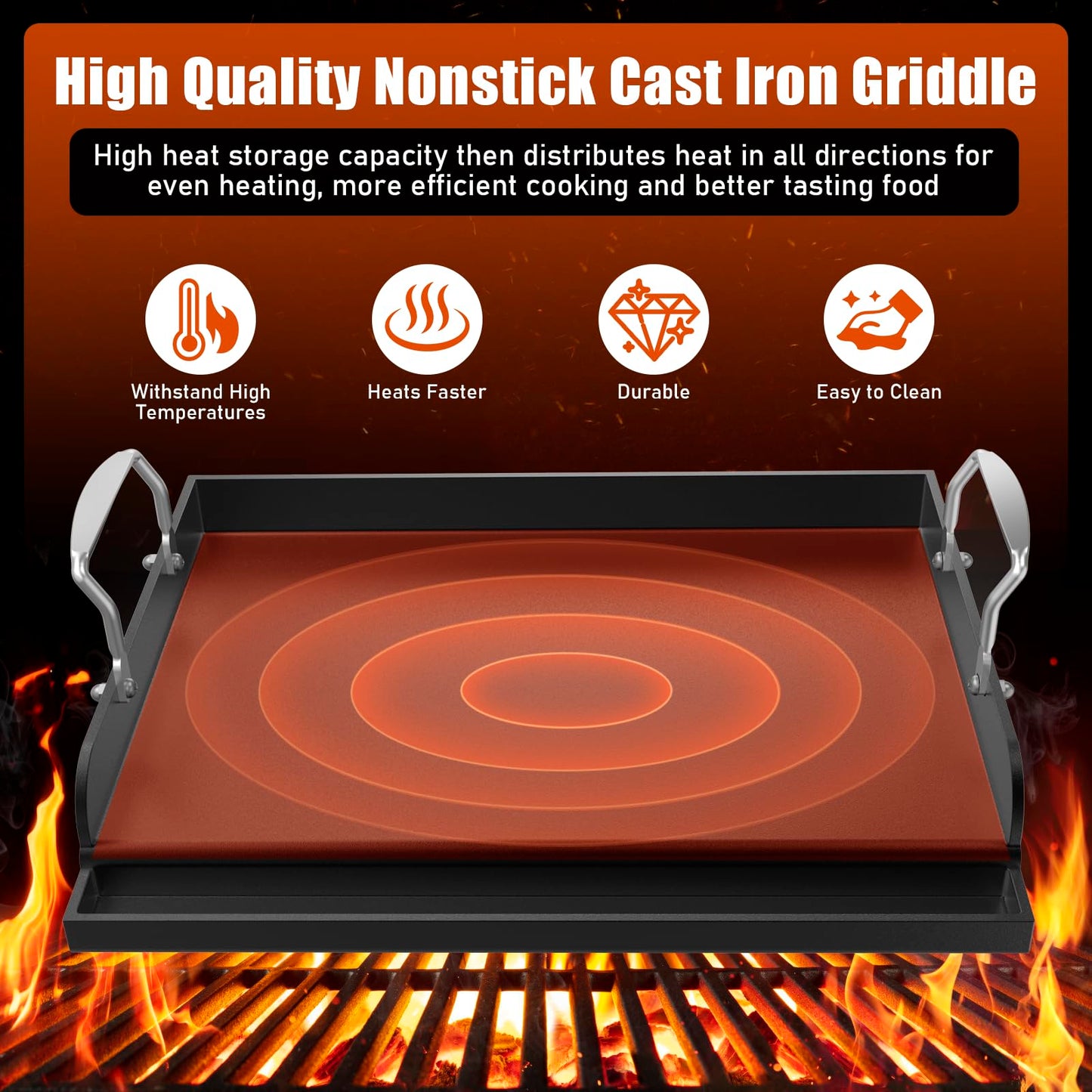 Griddle for Gas Grill, Cast Iron Griddle for Gas Grill & Stove Top, 17"x13" Flat Top Griddle Nonstick Grill Griddle Plate for Charcoal Outdoor Camping Cooking for Blackstone Style Flat Top Grill
