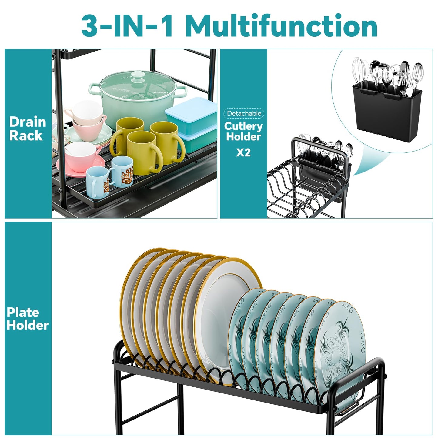 Simple Trending Dish Drying Rack, 2-Tier Dish Rack for Kitchen Counter, Large Dish Drainers Sink Organizers and Storage, Black