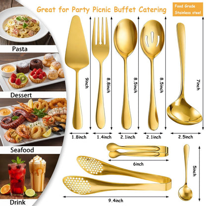 8 PCS Stainless Steel Serving Utensils, Ice Suger Tongs, Large Serving Spoons Slotted Spoons, Cake Server, Forks, Soup Ladle, Metal Utensils Set Tool for Buffet Catering Banquet Party(Gold)