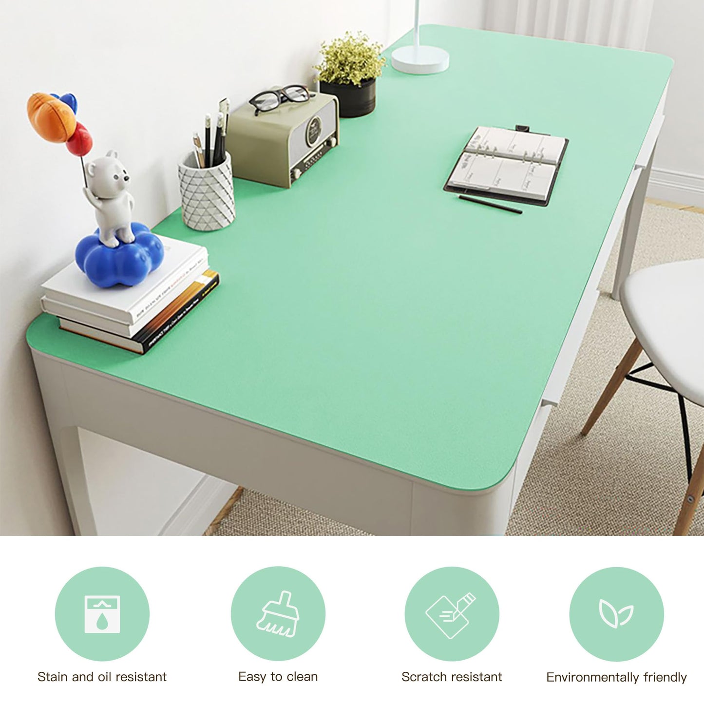 Reversible Silicone Table Mat - 2-in-1 Desk Pad & Silicone Craft Mat Eye-Care Green Painting Mat & Blue Leather Desk Mat，Waterproof Washable Art Mat for Drawing, Clay, Crafts（80 * 40CM）