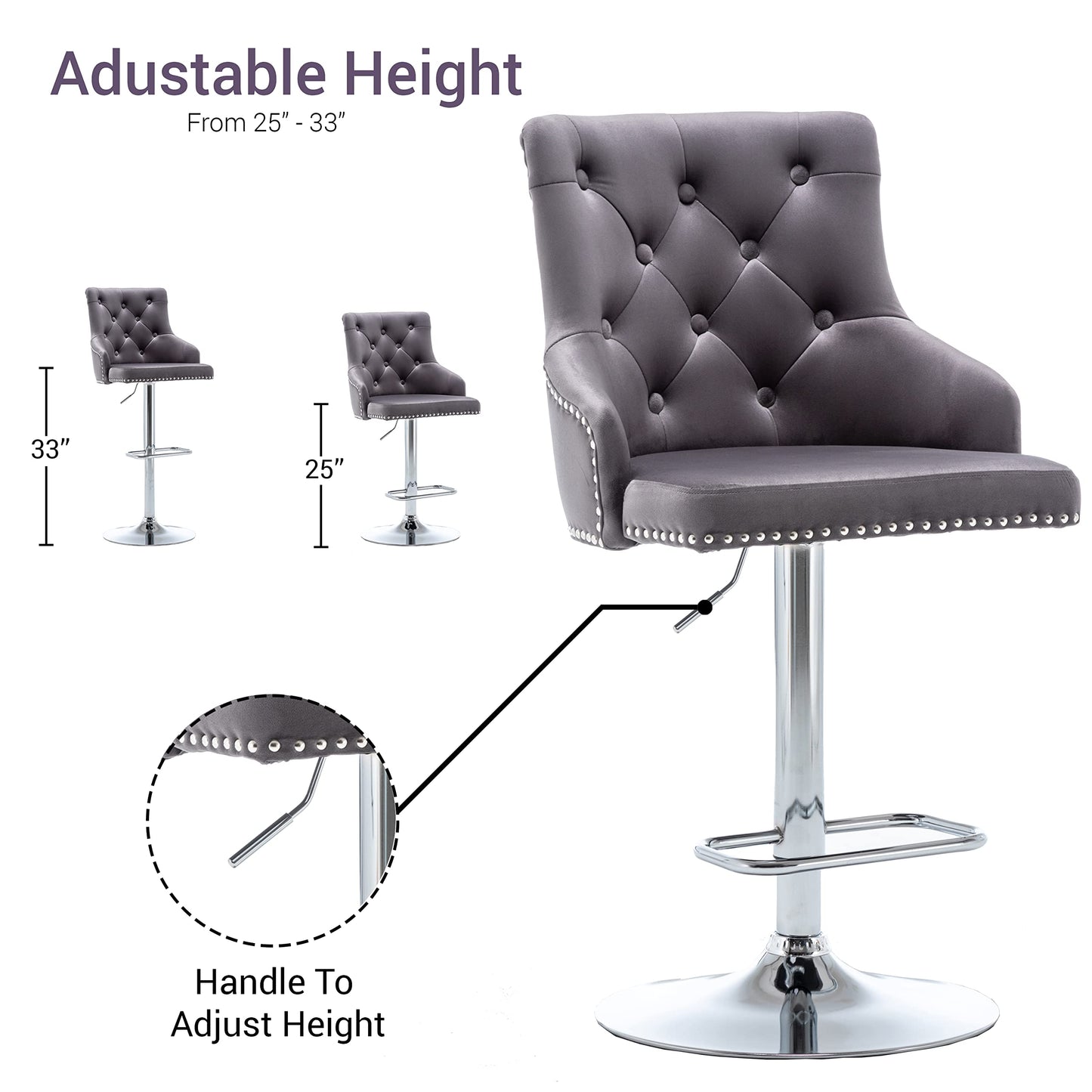 BTEXPERT Set of 2 Premium upholstered Dining 25" - 33" Adjustable High Back Stool Bar Chairs, Gray Tufted Nailhead Trim, (5153GR-2)