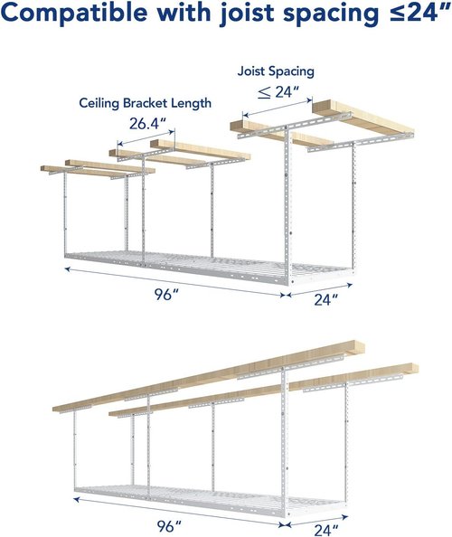 FLEXIMOUNTS Overhead Garage Storage Rack - Adjustable Heavy-Duty Metal System | 400lbs Capacity, White