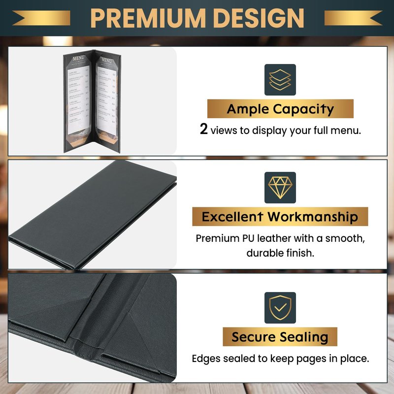 AMGSH 12 Pack 2 View Menu Holder Menu Covers 4.25" x 11" | Black Leather Menu Sleeves Book Style for Restaurant Coffee Bars Wine List