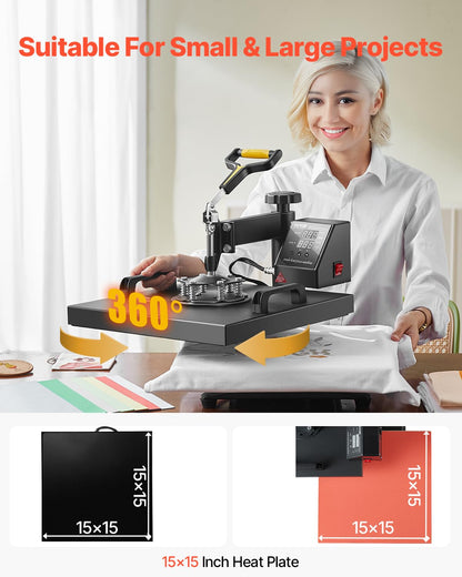 VEVOR 2 in 1 Heat Press Machine for T Shirts and Hats, 15x15 Inch Professional Swing Away Digital Tshirt Press Machine for Sublimation, Vinyl, Heat Transfer Projects