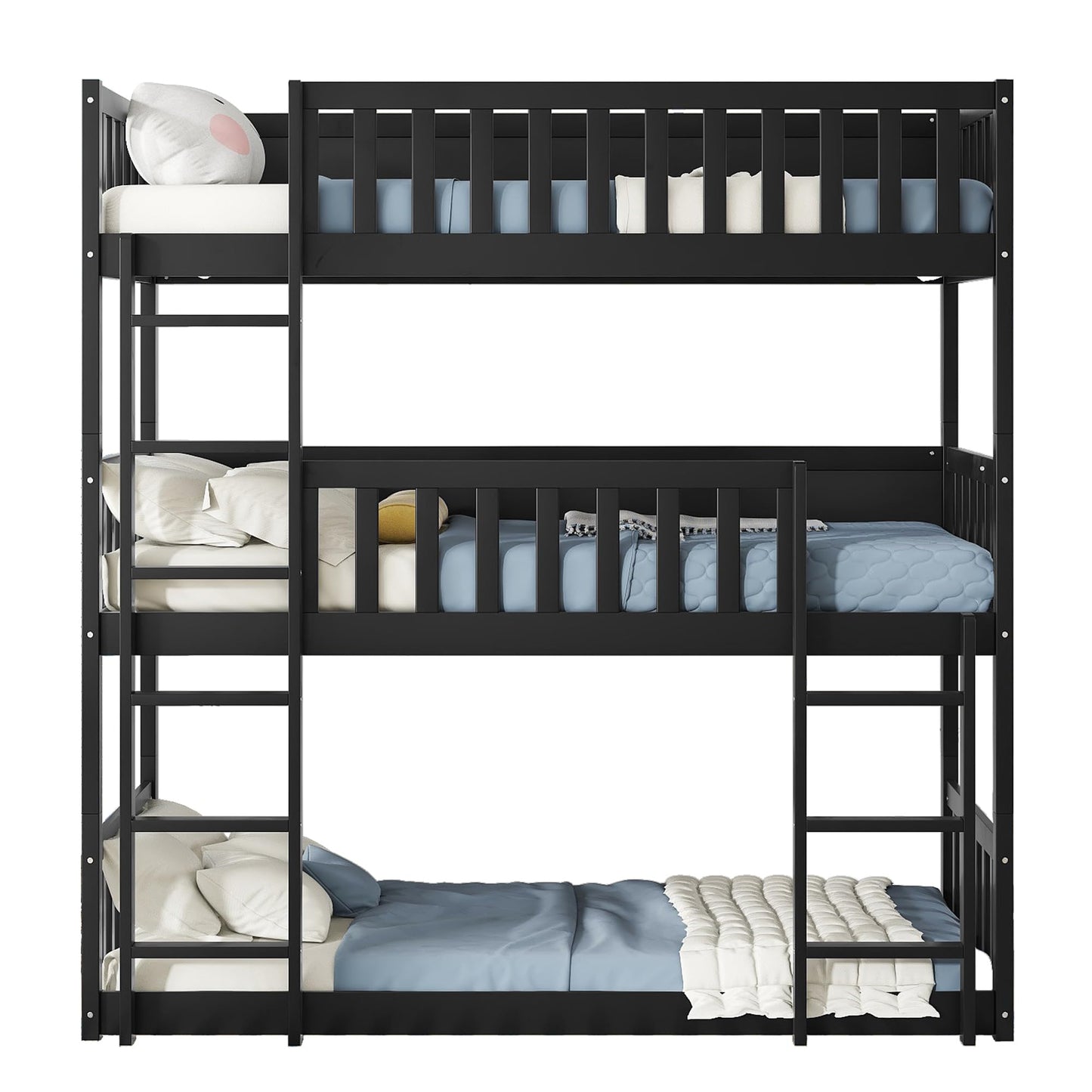 Solid Wood Triple Bunk Bed for 3 Kids, 3 Bed Bunk Beds with Two Built-in Ladders,Twin Over Twin Over Twin Triple Bunk Bed,Detachable Triple Bunk Beds Twin Size,Black