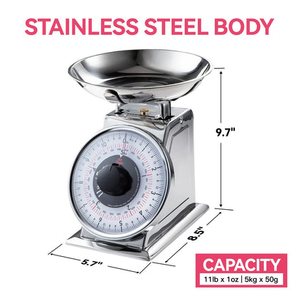 Tada 11lb Analog Mechanical Kitchen Weighing Food Scale with Bowl, Tare Function, Retro Style, Stainless Steel