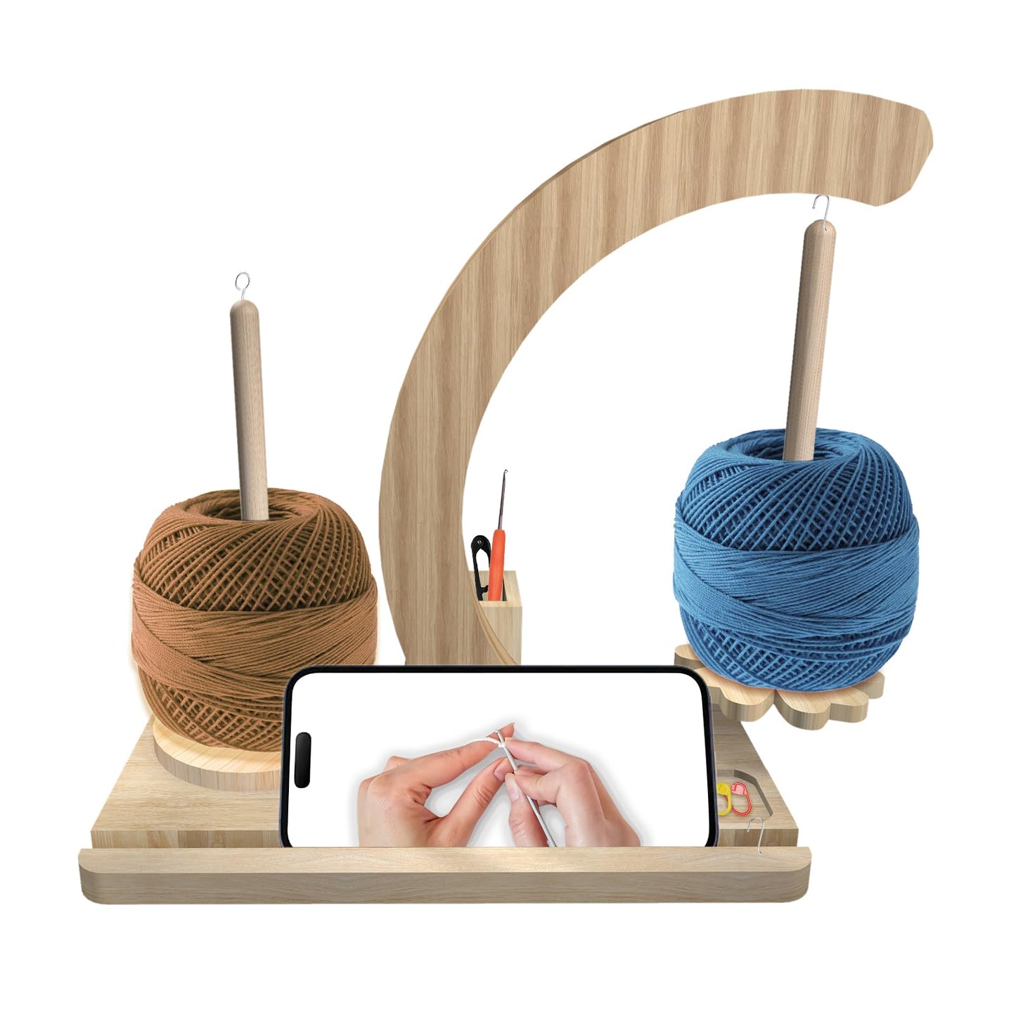 Yarn Holder for Crocheting and Knitting,Upgraded Rotating Yarn Spinner with 2 Spindles,Portable Wrist Yarn Holder with Phone Stand & Crochet Accessories Storage, Crochet Gift for Knitting Lovers