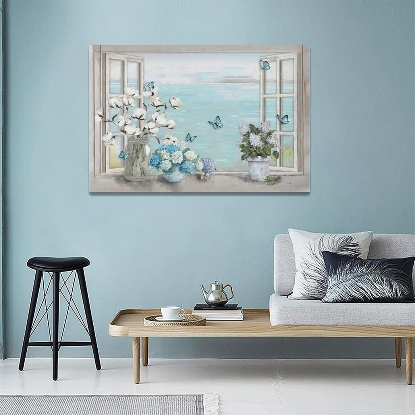 Cotton Hydrangea Bathroom Wall Art - Farmhouse Flower Butterfly Pictures, Framed Artwork for Bathroom