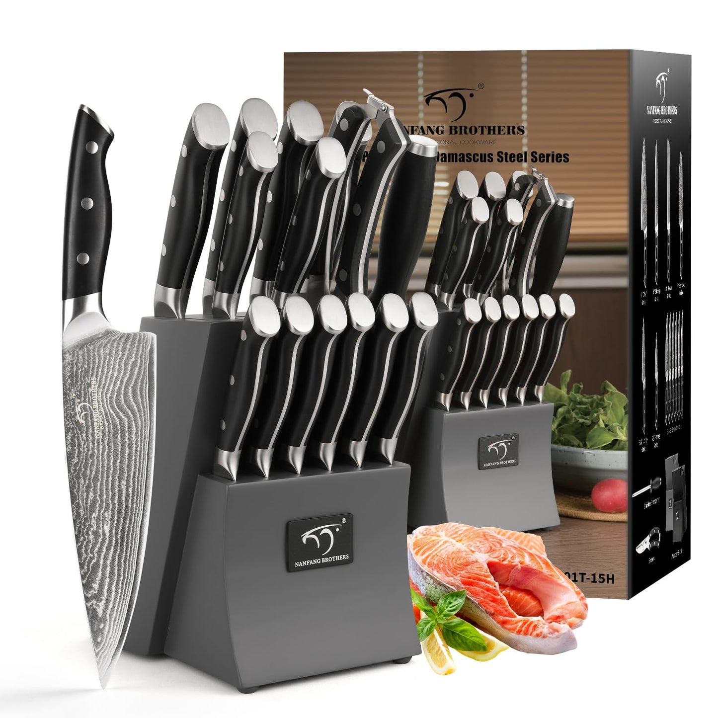 Damascus Kitchen Knife Set, 15-Piece Kitchen Knife Set with Block, ABS Ergonomic Handle for Chef Knife Set and Serrated Steak Knives Knife Sharpener and Kitchen Shears, 14 Slots Wooden Knife Block
