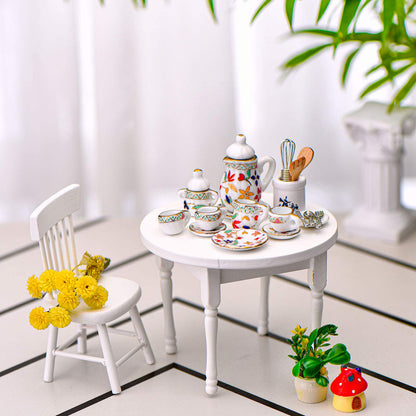 Skylety 37 Pieces 1:12 Scale Miniatures Dollhouse Kitchen Accessories Include 16 Plates Knife Fork Spoon, 6 Egg Beater Utensil, 15 Tea Cup Set(Flora Bloom)