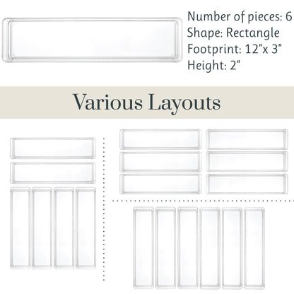 STORi SimpleSort 6-Piece Stackable Clear Drawer Organizer Set | 12" x 3" x 2" Rectangle Trays | Narrow Makeup Vanity Storage Bins and Office Desk Drawer Dividers | Made in USA
