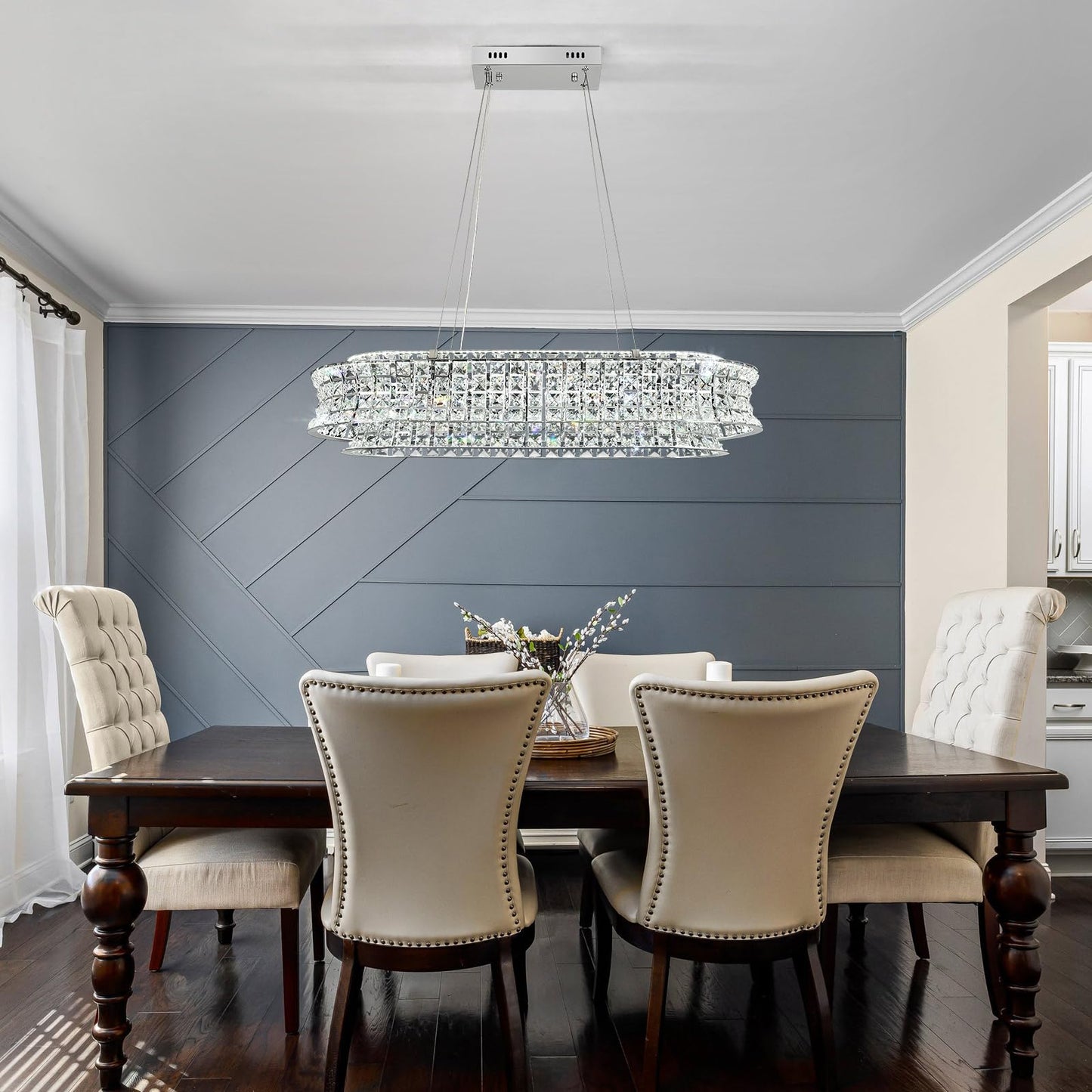 AOOCHOK Modern Crystal Chandelier for Living Room, LED Chrome Pendant Lights, Oval Crystal Hanging Lamp for Living Room, Dining Room, Restaurant, 30 x 14 inch