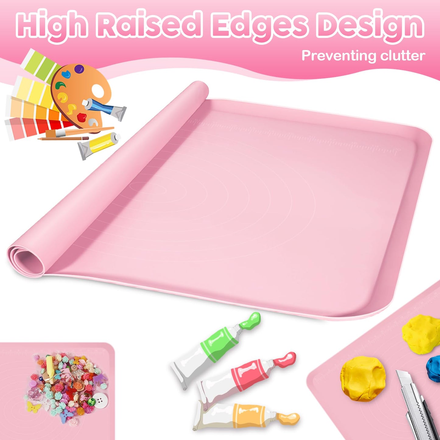 Silicone Art Mat for Crafts, Large 24x19.5 Inch Silicone Painting Mat & Craft Mat with Raised Edges for Artists, Jewelry Making, Playdough, Activities,Pink