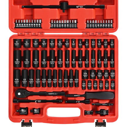 EGOFIX 90PCS 1/4" Drive Impact Socket Set Metric 4-15mm and Standard SAE Size (5/32"-9/16"), with 72-Teeth Ratchet, Screwdriver Bit Set, Mechanics Tool Kit for Home Use and Automotive Repair