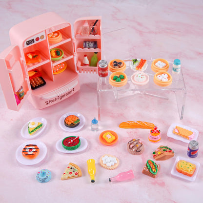 95 Pcs Dollhouse Refrigerator Mini Fridge Table Dining Car Toy with Food Set Kitchen Furniture Miniatures Party Fruits Juice Milk Desserts for Children Drink Cake Pretend Play Game Fake Ice Cubes