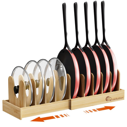 Housolution Bamboo Pot and Pan Organizer for Cabinet, 15"-29" Expandable Pot Lid Organizer with 10 Adjustable Dividers, Pan Holder Storage Rack with Solid Bamboo Wooden Base